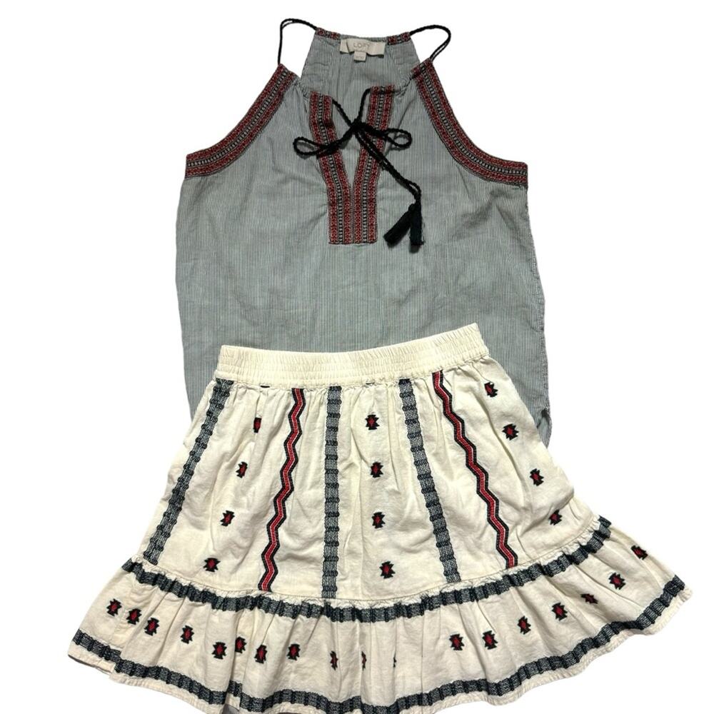 Loft Women’s XSmall Embroidered Linen Blend Boho Ruffle Elastic Waist Mini Skirt - Picture 2 of 10